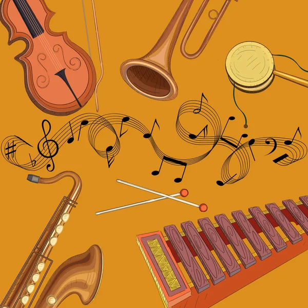 Fondo naranja con notas e instrumentos musicales . — Vector de stock