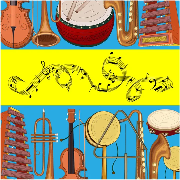 Красочный фон с нотами и музыкальными инструментами . — стоковый вектор