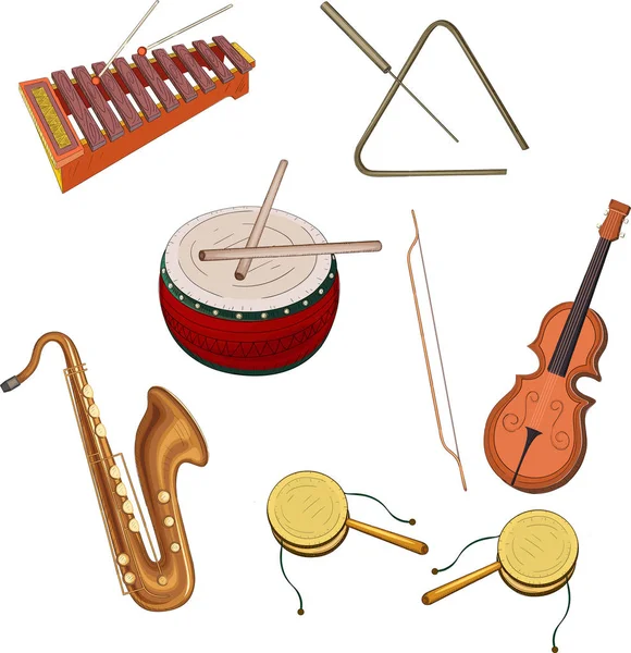 Instrumentos musicales aislados sobre blanco . — Vector de stock