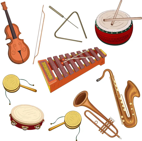 Instrumentos musicales aislados sobre blanco . — Archivo Imágenes Vectoriales