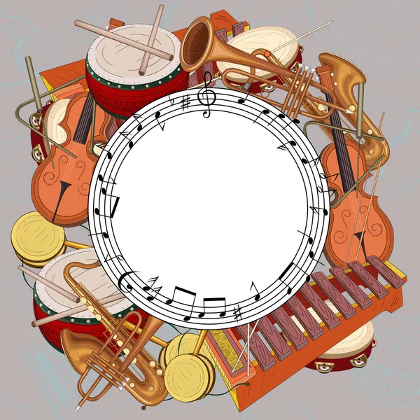 Runder Hintergrund mit Noten und Musikinstrumenten auf grau. — Stockvektor