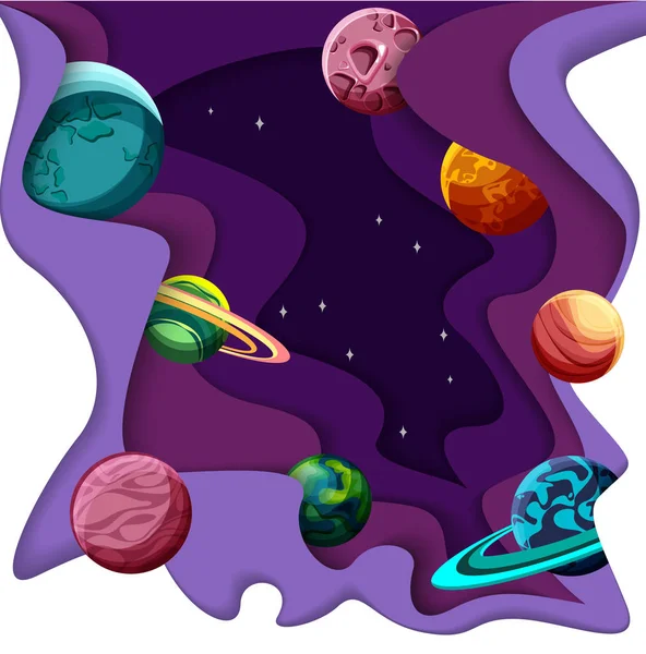 Purple background with creative colorful planets. — Stock Vector