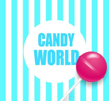 Şeker dünya. Mavi çizgili arka plan ile şirin pembe lolipop.