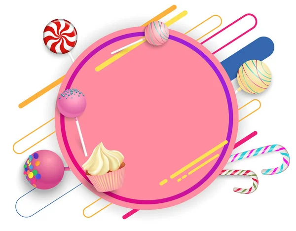 Pink round background with color lollipops and canes. — Stock Vector