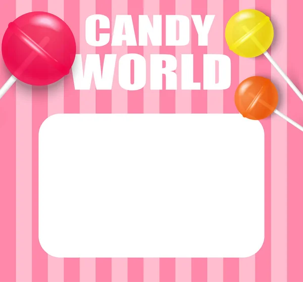 Candy wereld. Roze gestreepte achtergrond met schattige lollies. — Stockvector