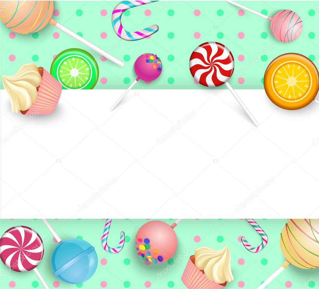 White and green background with color lollipops.