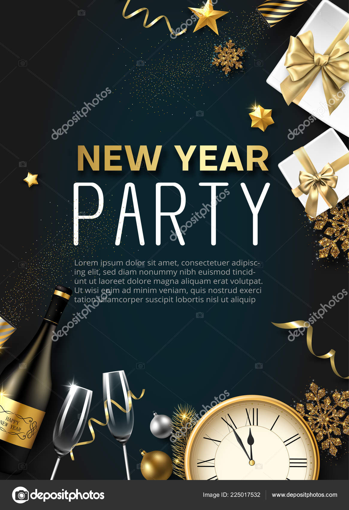 New Year party poster with Christmas decorations, gifts, Champag Stock  Vector Image by ©Svetlaboro #225017532