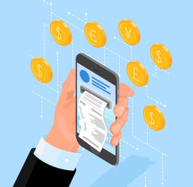 Mavi ödeme smartphone ve para online arka plan.