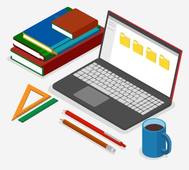 İşyeri dizüstü bilgisayar ve Kırtasiye. İzometrik çizimde.