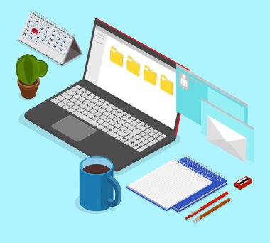 Dizüstü bilgisayar ve Kırtasiye Ofis İşyeri. İzometrik illustrat