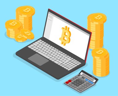 Kripto-para, bitcoin ve online gelir. İzometrik illustrati