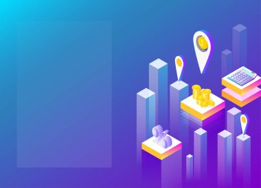 Finansal hizmet ve uygulamaları. Mavi izometrik arka plan. 