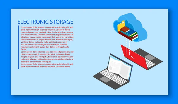 Arrière-plan de stockage électronique avec cloud et ordinateurs portables . — Image vectorielle