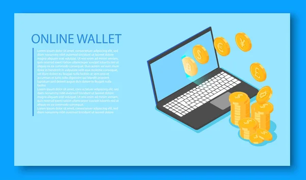 Blå online plånbok bakgrund med laptop. — Stock vektor