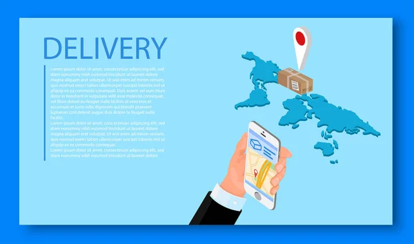 Delivery background with smartphone, world map and box. — Stock Vector