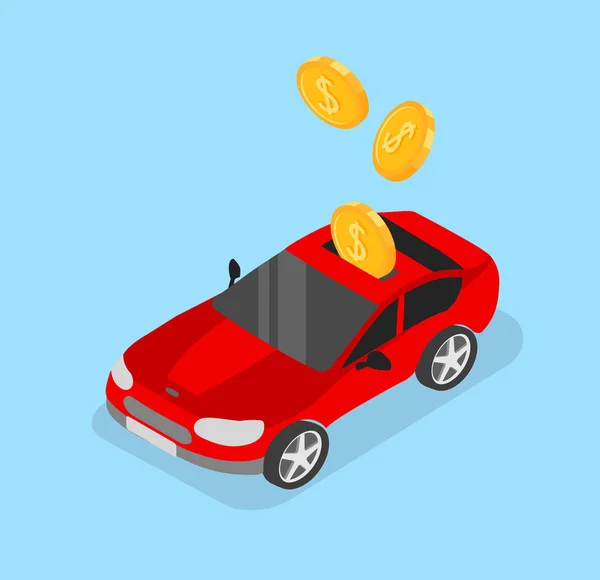 Fondo azul 3d con coche y dinero . — Vector de stock