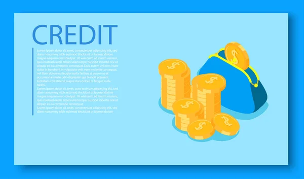 Синий кредитный фон с кошельком и деньгами . — стоковый вектор