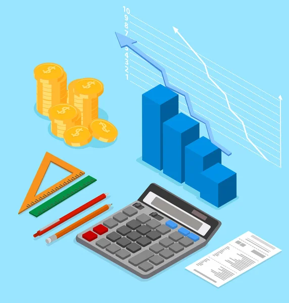 Contabilità, imposte e calcolo finanziario. Illustrazione isometrica — Vettoriale Stock