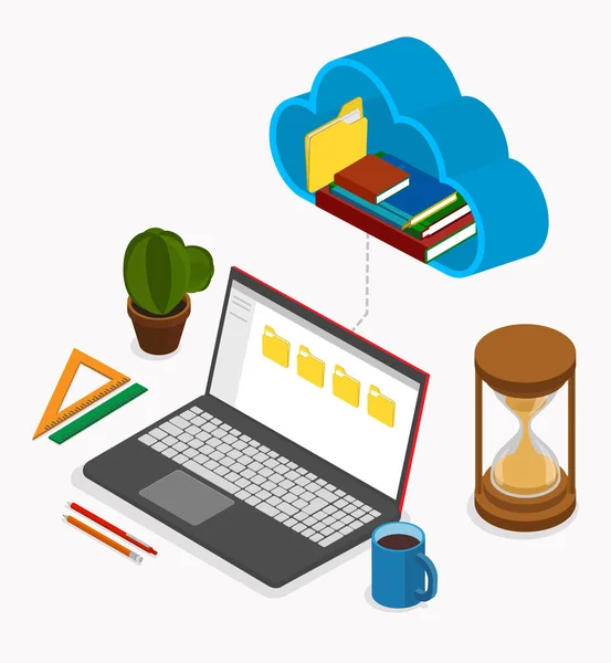 Oficina o lugar de trabajo del estudiante con el ordenador portátil usado almacenamiento en la nube . — Vector de stock