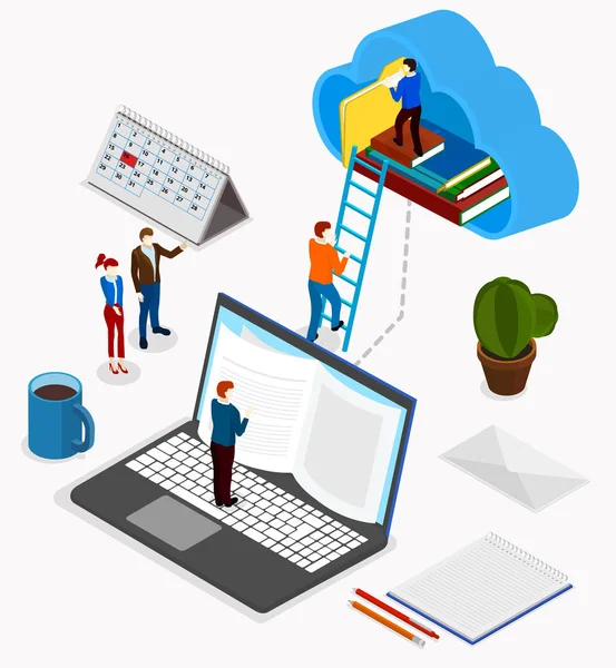 Office eller student arbetsplats med laptop används molnlagring. — Stock vektor