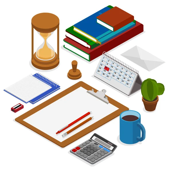 Office workplace with notebook and stationery. Isometric illustr — Stock Vector