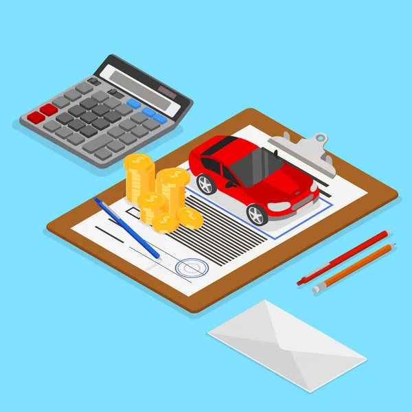 Valutazione e assicurazione auto. Illustrazione isometrica . — Vettoriale Stock