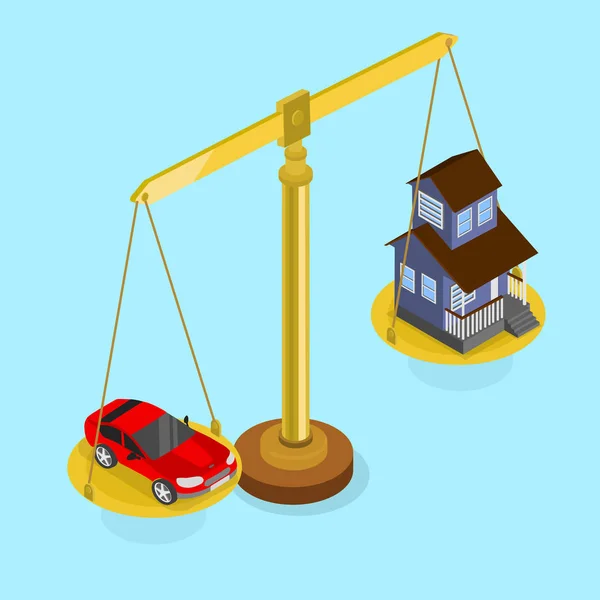 Izometrické modré pozadí s ocenění auta a nemovitosti. — Stockový vektor