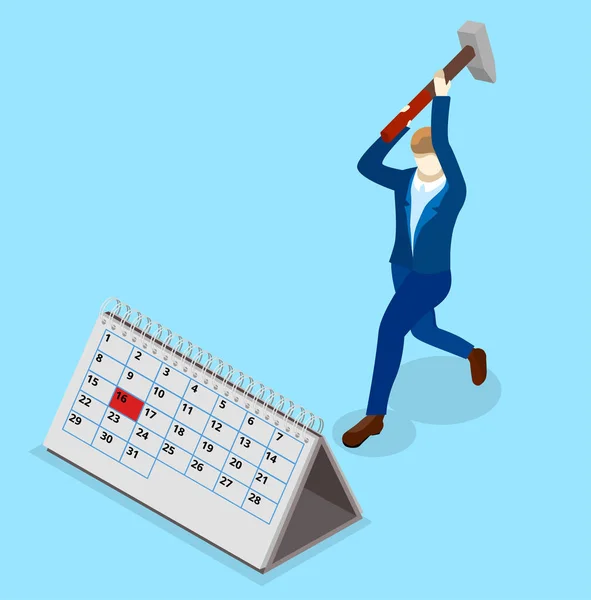 O homem quebra o calendário. Ilustração isométrica da gestão do tempo . — Vetor de Stock
