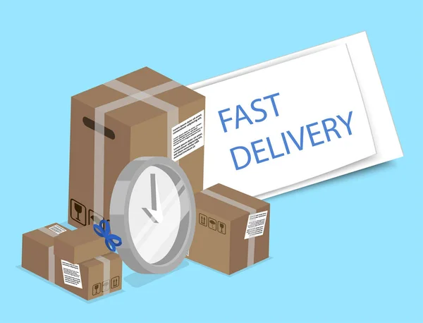 Fast delivery background with clock and boxes. — Stock Vector