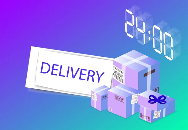 24 hours delivery service background with clock and boxes. — Stock Vector