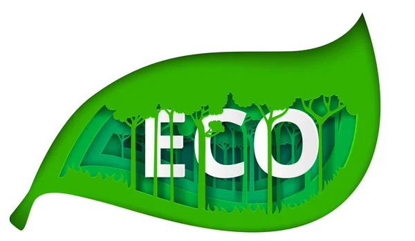 Eco groen blad met bos patroon. Papier kunststijl. — Stockvector