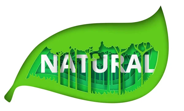 Feuille verte naturelle avec motif forestier. Style art du papier . — Image vectorielle