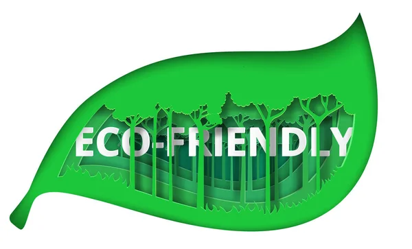 Eco Przyjacielski zielony liść z lasu wzór. Styl sztuki papieru. — Wektor stockowy