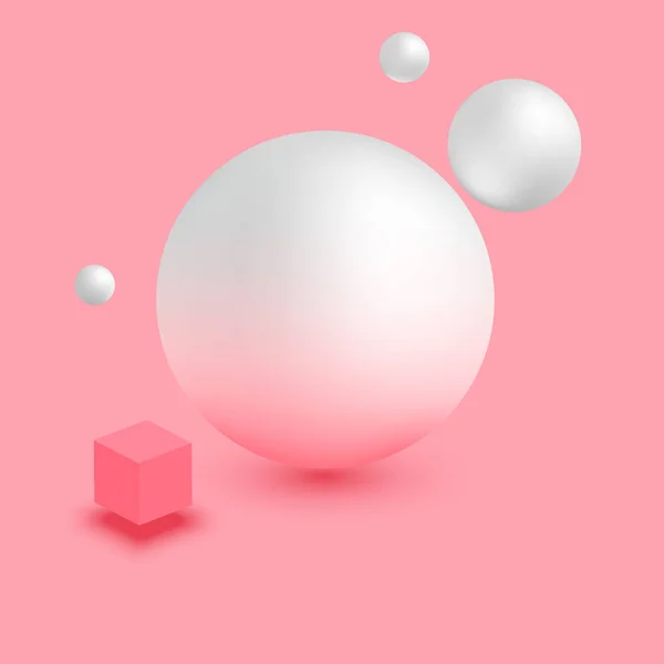 Fundo rosa com branco 3d bolas e cubo . — Vetor de Stock