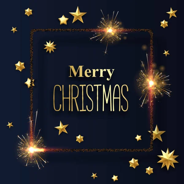 Feliz Navidad brillante tarjeta de felicitación con bengalas y st de oro — Vector de stock