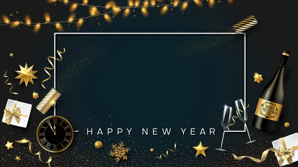 幸せな新しい年の光沢のあるカードや黄金のクリスマスの装飾 ギフト シャンパン 時計への招待 ベクトルの背景 — ストックベクタ