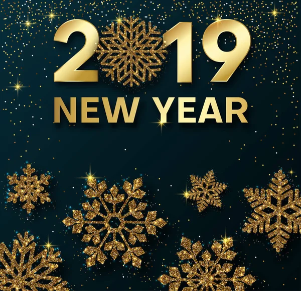 Feliz Año Nuevo 2019 tarjeta de felicitación brillante con copos de nieve dorados . — Vector de stock