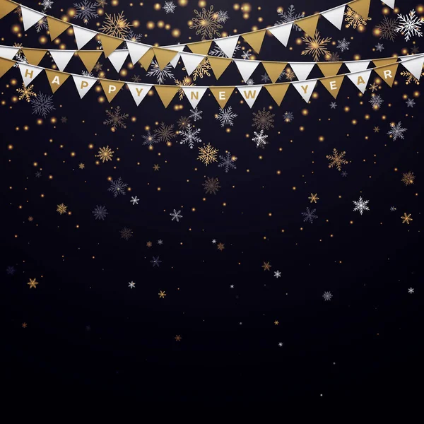 Noir Happy New Year fond avec des drapeaux en papier doré et de la neige — Image vectorielle
