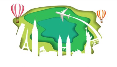 Dünya çapında manzaraları ve uçak ile seyahat kartı.