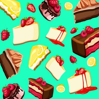 Renkli lezzetli kek ile yeşil arka plan.