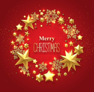 Neşeli Noel kartı altın parlak yıldız ve kar taneleri.