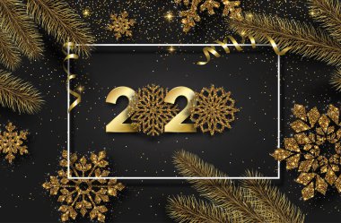 Yeni yıl 2020 parlak kartla altın kar tanesi köknar dalları bir