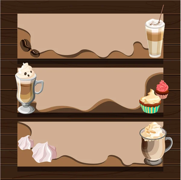 Fondo in legno con caffè e cupcake . — Vettoriale Stock