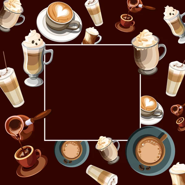 Braunen quadratischen Hintergrund mit Tassen Kaffee. — Stockvektor