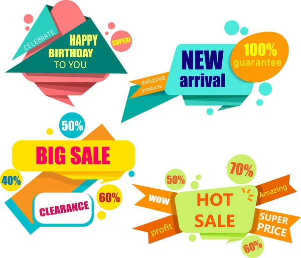 Colorful shopping and birthday labels isolated on white. — Stock Vector