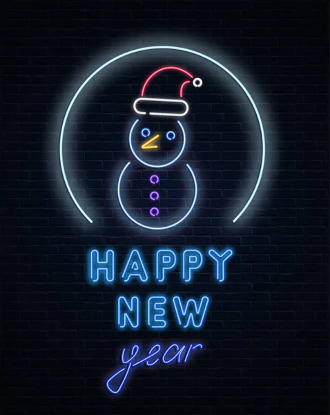 Bonne année néon carte brillante avec bonhomme de neige sur fond de brique . — Image vectorielle