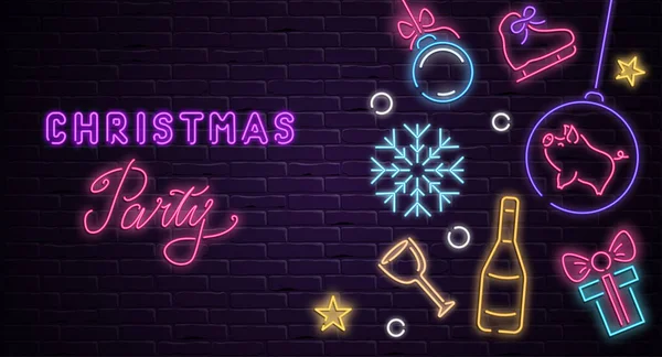 Weihnachtsparty-Poster mit neonleuchtender Weihnachtsdekoration auf — Stockvektor