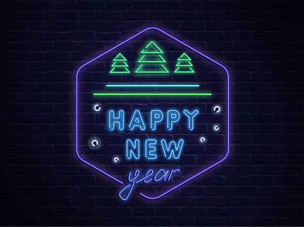 Bonne année néon affiche brillante avec sapins sur brique backgro — Image vectorielle
