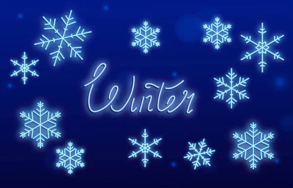 Blauwe winter seizoensgebonden achtergrond met glanzende neon sneeuwvlokken. — Stockvector