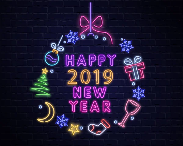 Feliz Ano Novo 2019 pôster luminoso de néon com decoração de Natal —  Vetores de Stock